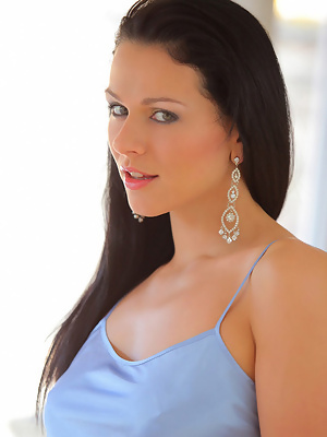 Katerina Nova Czech Beauty in Blue Silk and Black Stockings